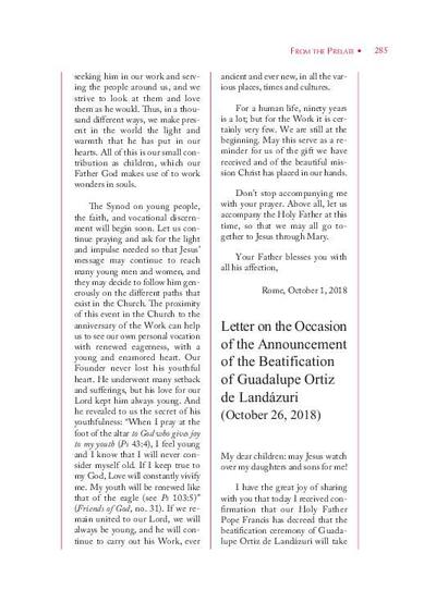 Letter on the Occasion of the Announcement of the Beatification of Guadalupe Ortiz de Landázuri (October 26, 2018). [Artículo de revista]