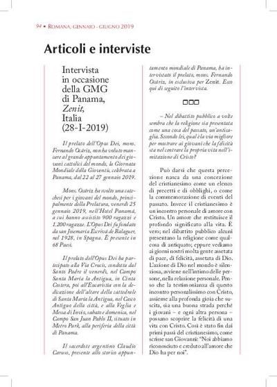 Intervista in occasione della GMG di Panama, «Zenit», Italia (28-I-2019). [Journal Article]