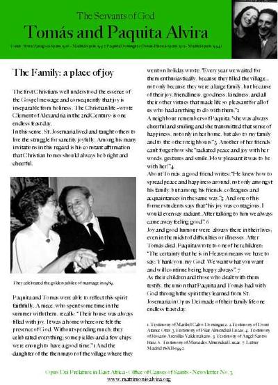 The Servants of God Tomás and Paquita Alvira. Newsletter No. 3. The Family: a place of joy. [Brochure]