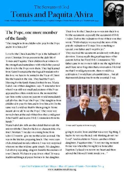 The Servants of God Tomás and Paquita Alvira. Newsletter No. 4. The Pope, one more member of the family. [Brochure]
