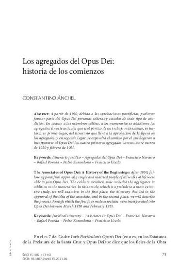 Los agregados del Opus Dei: historia de los comienzos. [Artículo de revista]