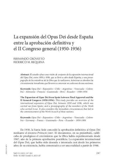 La expansión del Opus Dei desde España entre la aprobación definitiva y el II Congreso general (1950-1956). [Artículo de revista]