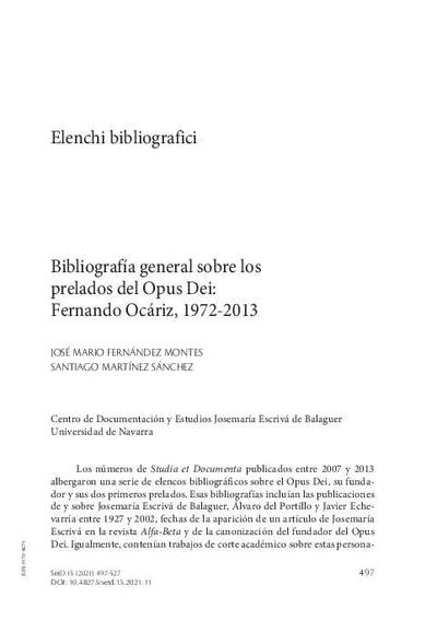 Bibliografía general sobre los prelados del Opus Dei: Fernando Ocáriz, 1972-2013. [Artículo de revista]