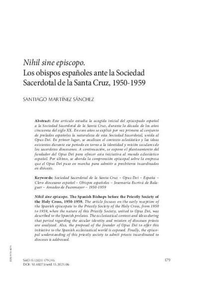 <i>Nihil sine episcopo.</i> Los obispos españoles ante la Sociedad Sacerdotal de la Santa Cruz, 1950-1959. [Journal Article]
