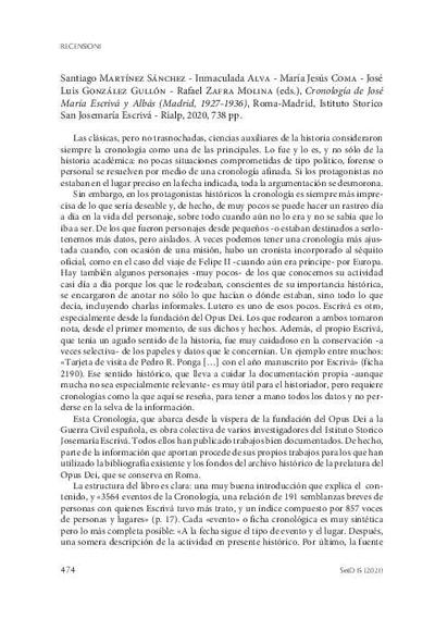 [Recensión sobre: Cronología de José María Escrivá y Albás (Madrid, 1927-1936)]. [Journal Article]