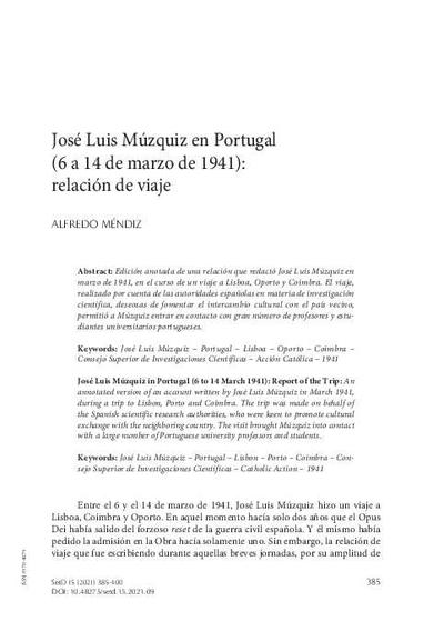 José Luis Múzquiz en Portugal (6 a 14 de marzo de 1941): relación de viaje. [Artículo de revista]