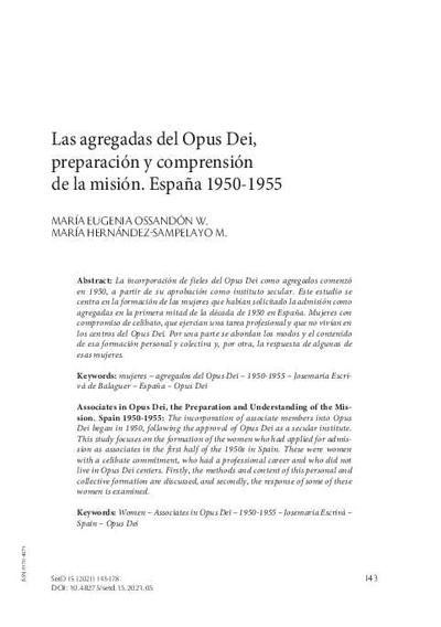 Las agregadas del Opus Dei, preparación y comprensión de la misión. España 1950-1955. [Journal Article]