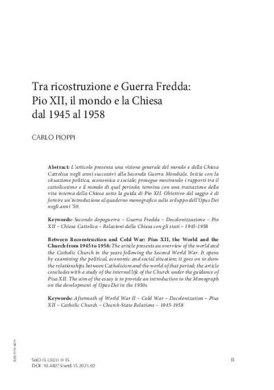 Tra ricostruzione e Guerra Fredda: Pio XII, il mondo e la Chiesa dal 1945 al 1958. [Artículo de revista]