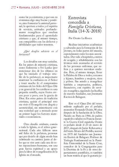 Entrevista concedida a «Famiglia Cristiana», Italia (14-X-2018) [Entrevista realizada por Orazio La Rocca]. [Artículo de revista]