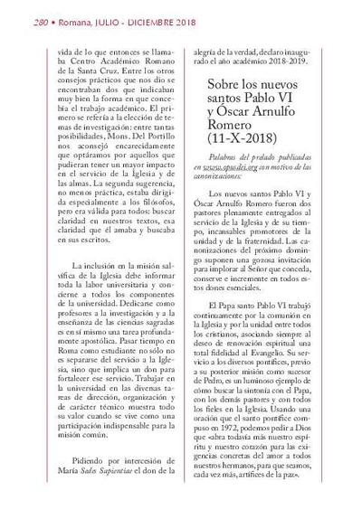 Sobre los nuevos santos Pablo VI ﻿y Óscar Arnulfo Romero ﻿(11-X-2018). [Journal Article]