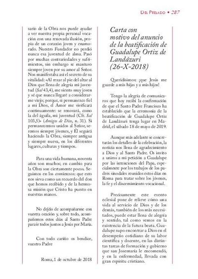 Carta con ﻿motivo del anuncio de la beatificación de Guadalupe Ortiz de Landázuri ﻿(26-X-2018). [Artículo de revista]