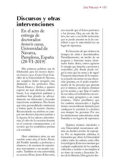 En el acto de entrega de doctorados «honoris causa», Universidad de Navarra, Pamplona, España (28-VI-2019). [Artículo de revista]