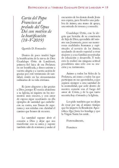 Carta del Papa Francisco al prelado del Opus Dei con motivo de la beatificación (18-V-2019). [Artículo de revista]