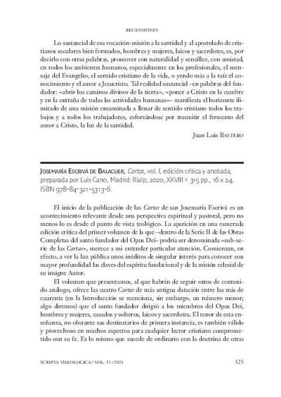 [Recensión sobre: Cartas (vol. I). Edición crítica y anotada, preparada por Luis Cano con la colaboración de José Antonio Loarte]. [Journal Article]