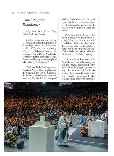 Chronicle of the Beatification. May 18th. Beatification Day, Vistalegre Arena, Madrid; May 19th. Thanksgiving Mass, Vistalegre Arena and words of Pope Francis at the «Regina Coeli»; May 21. Thanksgiving Mass, St. Eugene's Basilica, Rome. [Artículo de revista]