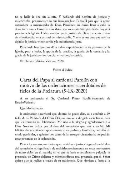 Carta del Papa al cardenal Parolin con motivo de las ordenaciones sacerdotales de fieles de la Prelatura (5-IX-2020). [Artículo de revista]