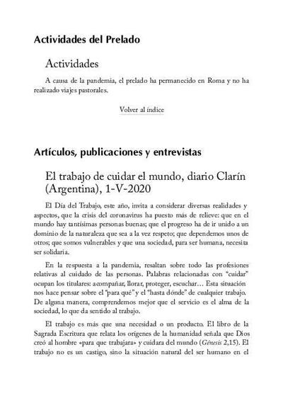 El trabajo de cuidar el mundo, «diario Clarín», Argentina, (1-V-2020). [Artículo de revista]