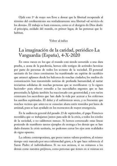 La imaginación de la caridad, periódico «La Vanguardia», España, (4-X-2020). [Artículo de revista]