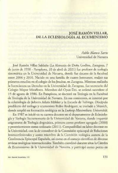 José Ramón Villar, de la eclesiología al ecumenismo. [Journal Article]
