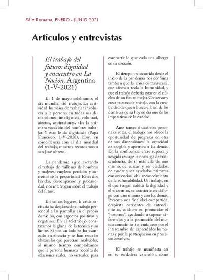 "El trabajo del futuro: dignidad y encuentro" en «La Nación», Argentina, (1-V-2021). [Journal Article]