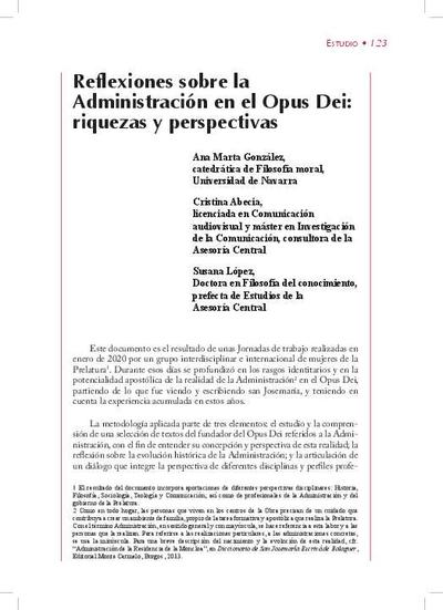 Reflexiones sobre la Administración en el Opus Dei: riquezas y perspectivas. [Journal Article]