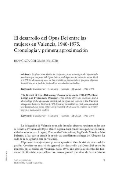 El desarrollo del Opus Dei entre las mujeres en Valencia, 1940-1975. Cronología y primera aproximación. [Journal Article]