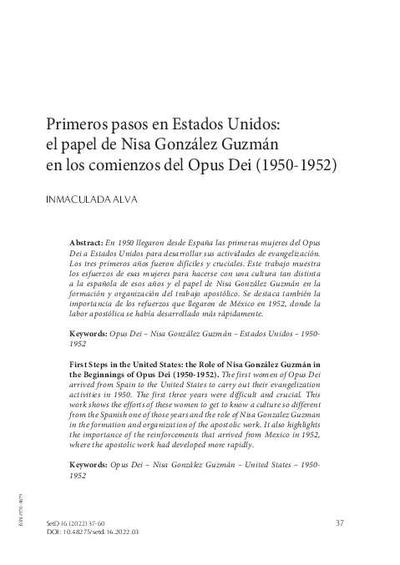 Primeros pasos en Estados Unidos: el papel de Nisa González Guzmán en los comienzos del Opus Dei (1950-1952). [Journal Article]