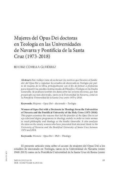 Mujeres del Opus Dei doctoras en Teología en las Universidades de Navarra y Pontificia de la Santa Cruz (1973-2018). [Artículo de revista]