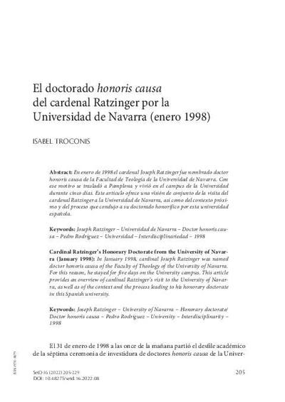 El doctorado <i>honoris causa</i> del cardenal Ratzinger por la Universidad de Navarra (enero 1998). [Journal Article]
