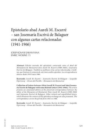 Epistolario abad Aureli M. Escarré – san Josemaría Escrivá de Balaguer con algunas cartas relacionadas (1941-1966). [Artículo de revista]