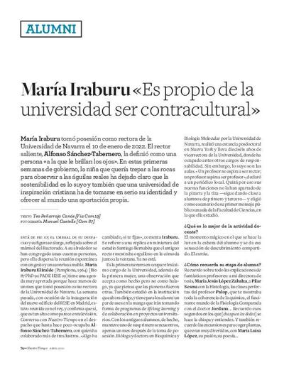 María Iraburu: «Es propio de la universidad ser contracultural» [entrevista realizada por Teo Peñarroja Canós]. [Artículo de revista]