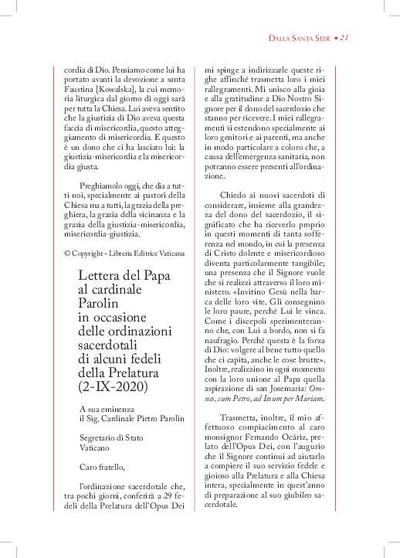 Lettera del Papa al cardinale Parolin in occasione delle ordinazioni sacerdotali di alcuni fedeli della Prelatura (2-IX-2020). [Artículo de revista]