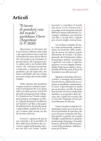 "Il lavoro di prendersi cura del mondo", quotidiano <i>Clarín </i>(Argentina) (1-V-2020). [Journal Article]