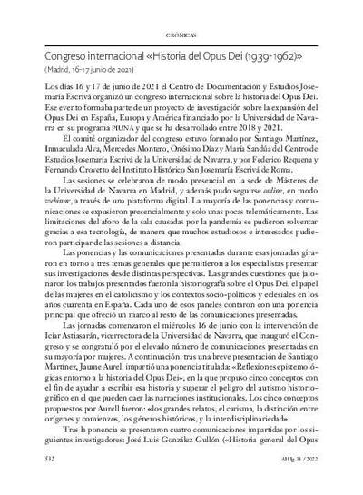 Congreso Internacional «Historia del Opus Dei (1939-1962)» (Madrid, 16-17 junio de 2021). [Artículo de revista]