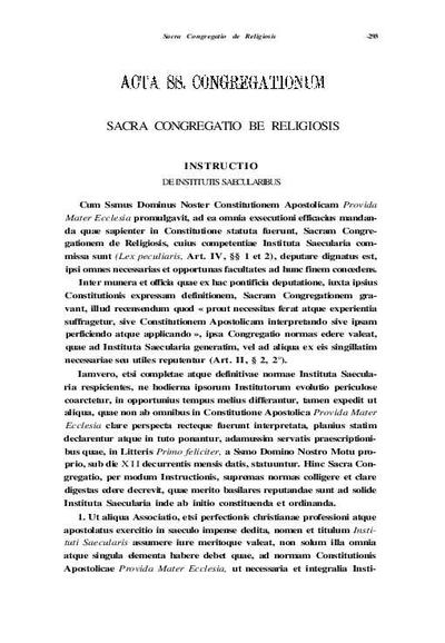 Instructio «Cum Sanctissimus» de institutis saecularibus. [Artículo de revista]