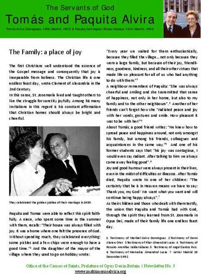 The Servants of God Tomás and Paquita Alvira. Newsletter No. 3. The Family: a place of joy. [Brochure]