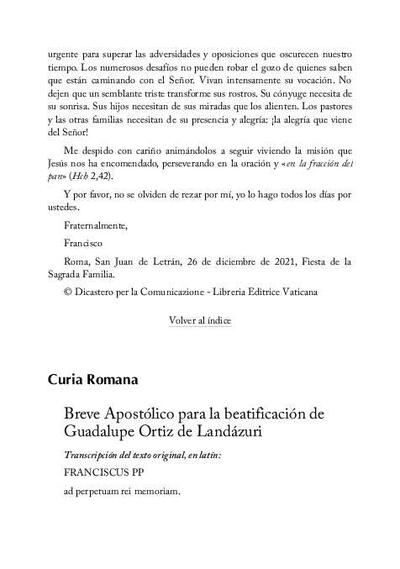 Breve Apostólico para la beatificación de Guadalupe Ortiz de Landázuri. [Journal Article]