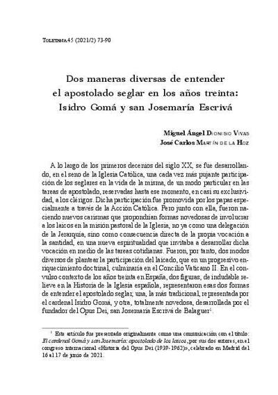 Dos maneras diversas de entender el apostolado seglar en los años treinta: Isidro Gomá y san Josemaría Escrivá. [Artículo de revista]