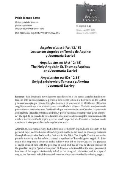Angelus eius est (Act 12, 15): Los santos ángeles en Tomás de Aquino y Josemaría Escrivá. [E-Journal Article]