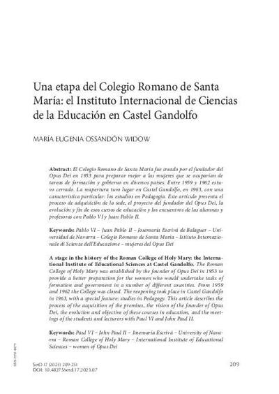 Una etapa del Colegio Romano de Santa María: el Instituto Internacional de Ciencias de la Educación en Castel Gandolfo. [Journal Article]