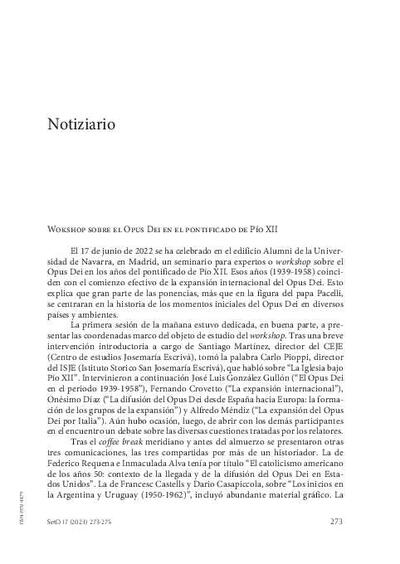 Wokshop sobre el Opus Dei en el pontificado de Pío XII. [Journal Article]