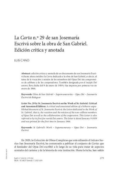 La Carta n.º 29 de san Josemaría Escrivá sobre la obra de San Gabriel. Edición crítica y anotada. [Artículo de revista]