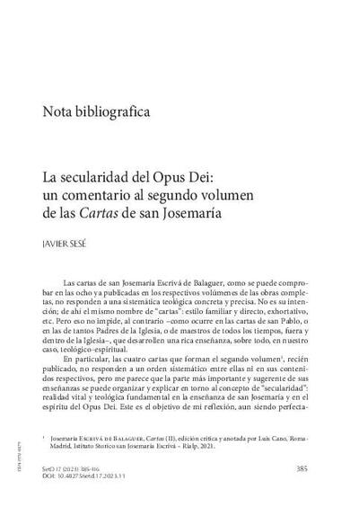 La secularidad del Opus Dei: un comentario al segundo volumen de las <i>Cartas </i>de san Josemaría. [Journal Article]