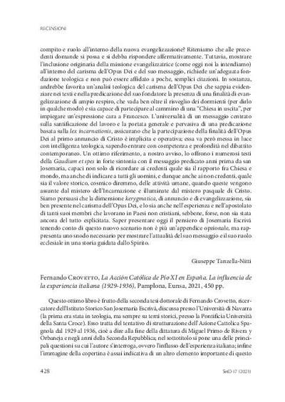 [Recensión sobre: La Acción Católica de Pío XI en España. La influencia de la experiencia italiana (1929-1936)]. [Artículo de revista]