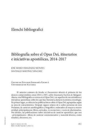 Bibliografía sobre el Opus Dei, itinerarios e iniciativas apostólicas, 2014-2017. [Journal Article]