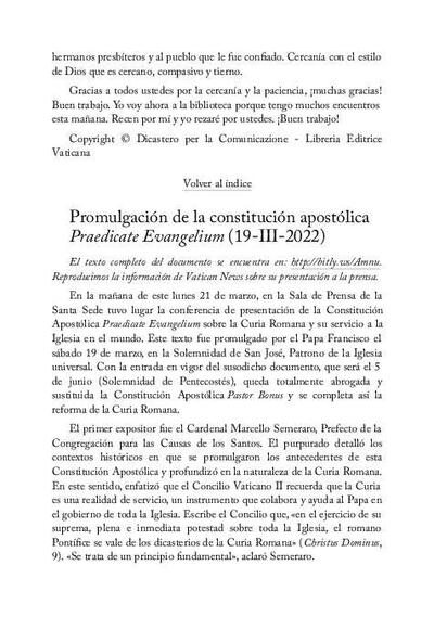 Promulgación de la constitución apostólica<i> Praedicate Evangelium</i> (19-III-2022). [Journal Article]