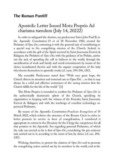 Apostolic Letter Issued Motu Proprio <i>Ad charisma tuendum </i>(July 14, 2022). [Journal Article]