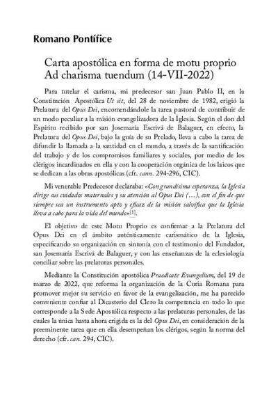 Carta apostólica en forma de motu proprio <i>Ad charisma tuendum</i> (14-VII-2022). [Journal Article]