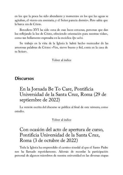 Con ocasión del acto de apertura de curso, Pontificia Universidad de la Santa Cruz, Roma (3 de octubre de 2022). [Artículo de revista]