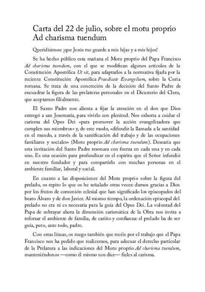 Carta del 22 de julio, sobre el motu proprio <i>Ad charisma tuendum</i>. [Artículo de revista]
